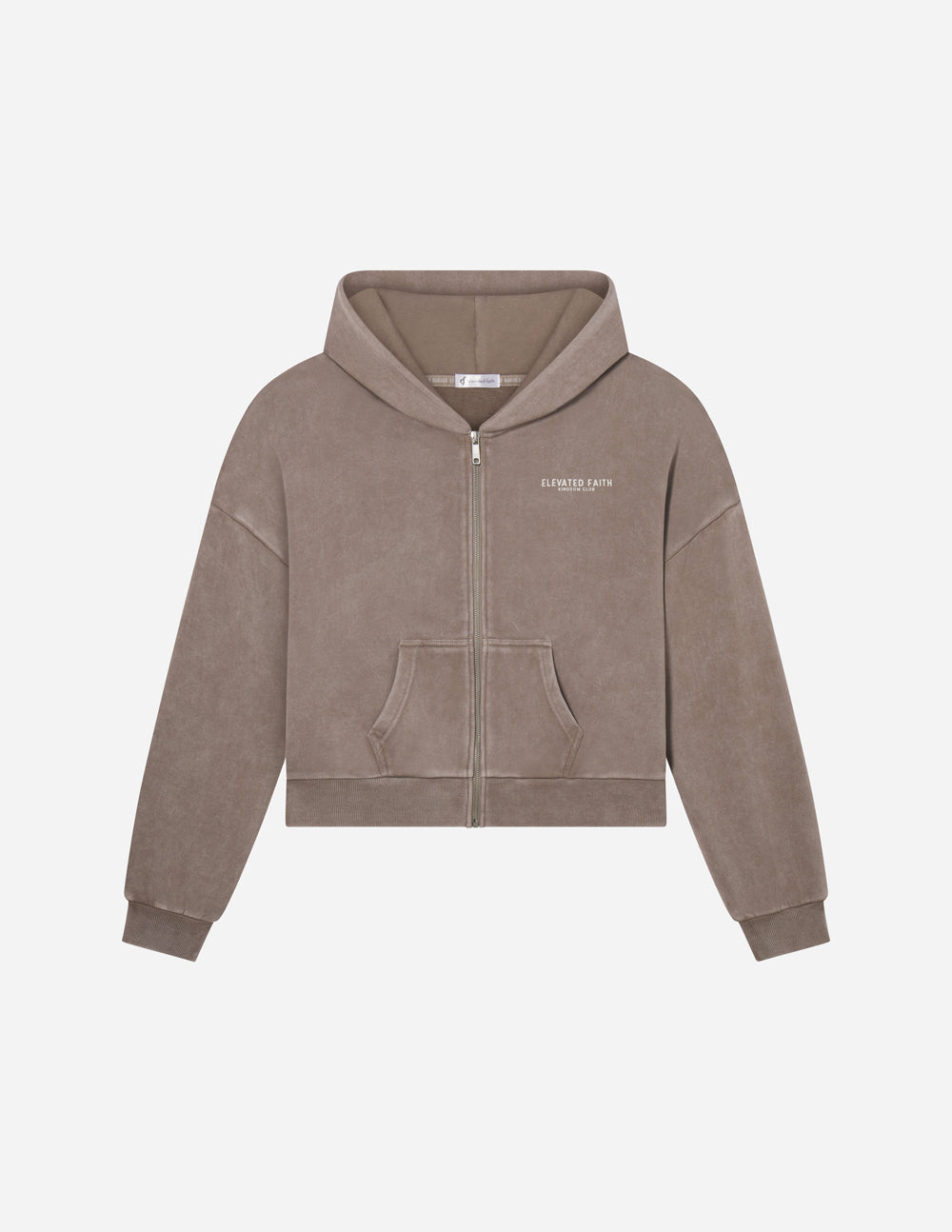 Brown hoodie with a brand logo on a light gray background