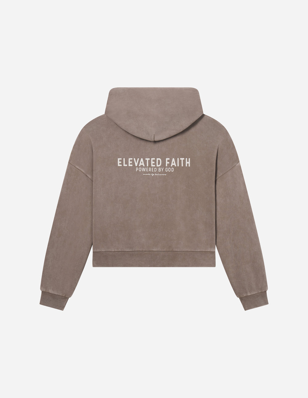 Brown hoodie with 'Elevated Faith' text on the back against a light gray background
