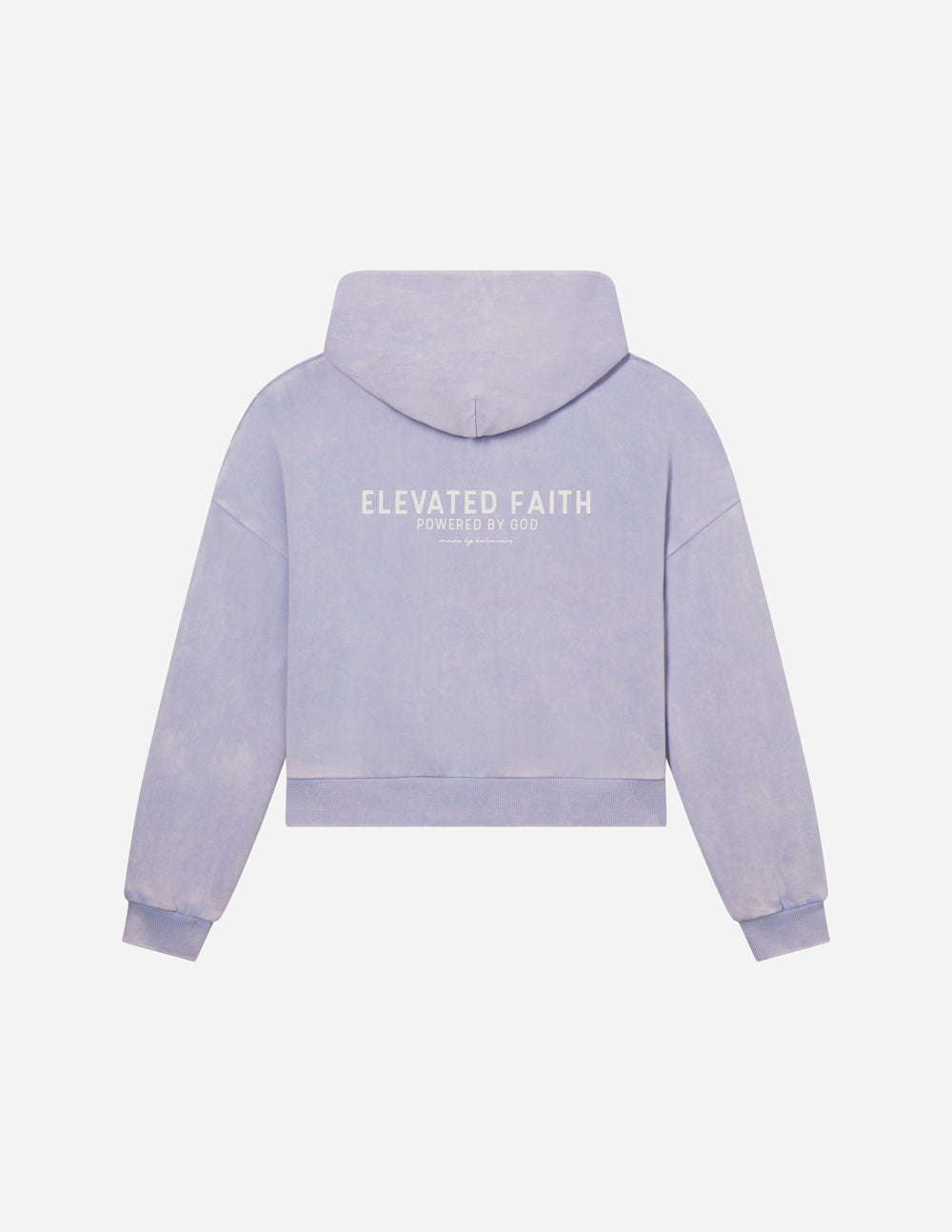 Light purple hoodie with 'Elevated Faith' text on the back against a white background