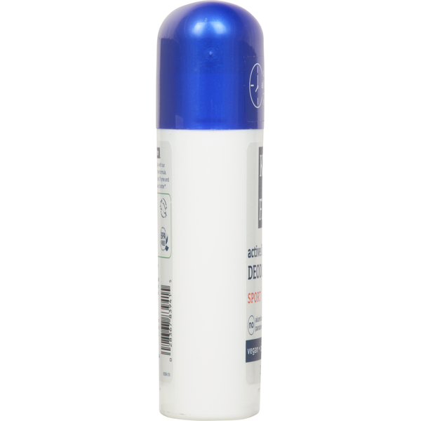 Deodorant spray can with a blue cap on a white background. Side view of Kiss My Face Sport Natural Deodorant, aluminum-free, vegan, cruelty-free, 2.48 oz (70 g).