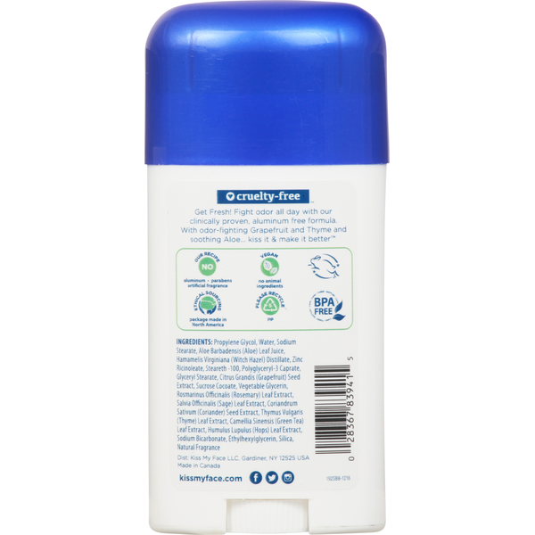 Back view of Kiss My Face Sport Natural Deodorant stick with product label, ingredients, directions, barcode, and cruelty-free, vegan, and aluminum-free icons displayed on a white background. 2.48 oz (70 g).