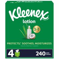 Soft and comforting box of Kleenex Lotion Facial Tissues with Coconut Oil, featuring premium 3-ply tissues designed to help soothe delicate noses during colds, allergies, and everyday use. Moisturizing lotion with coconut oil provides a gentle touch while the durable tissues offer reliable strength for home, office, classroom, or travel.