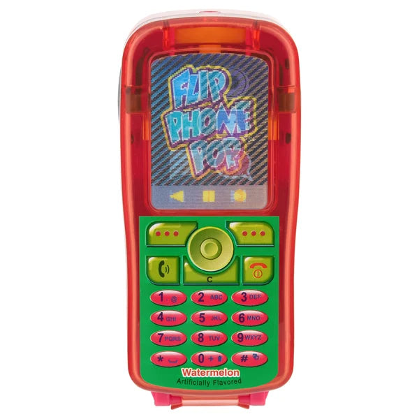 Kidsmania Watermelon Flip Phone Pop watermelon-flavored candy in a red flip phone toy case with colorful keypad and graphic screen, front view on a white background.