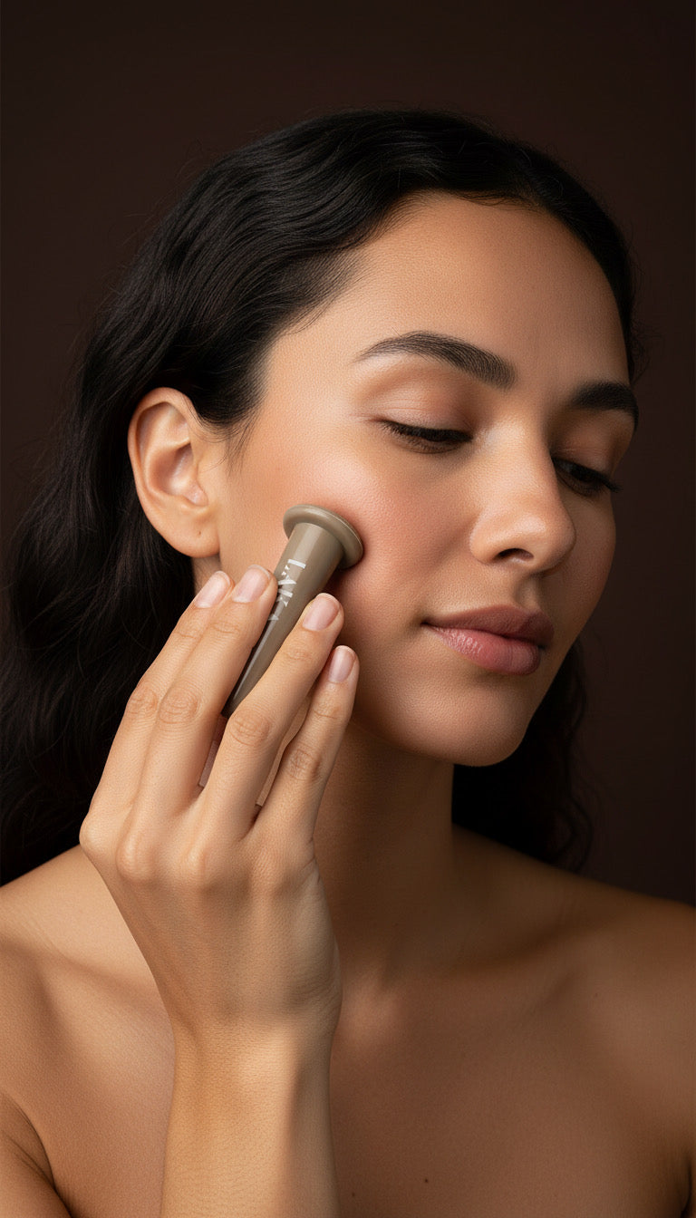Woman applying makeup with a brush on a dark background. LAKA® Face Cups