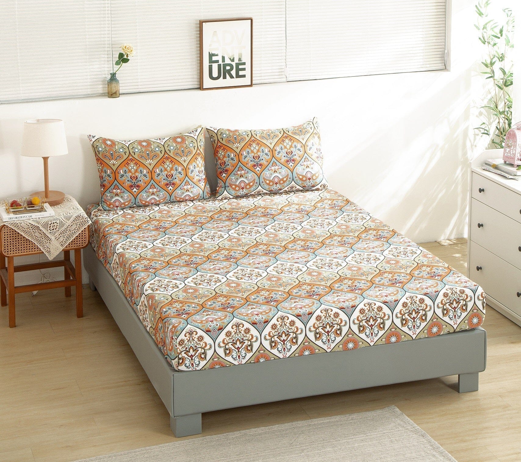 DaDa Bedding Bohemian Fitted Sheet w/Pillow Cases - Coral Teal Floral Paisley Botanical Garden Party - Bright Vibrant Multi-Colorful Blue Salmon Pink