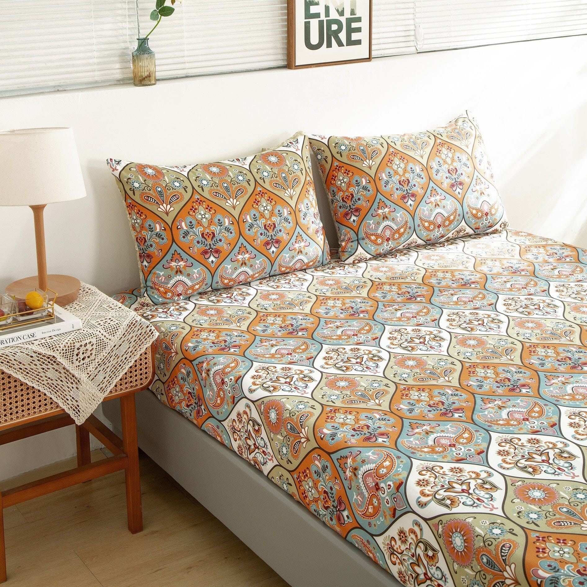 DaDa Bedding Bohemian Fitted Sheet w/Pillow Cases - Coral Teal Floral Paisley Botanical Garden Party - Bright Vibrant Multi-Colorful Blue Salmon Pink