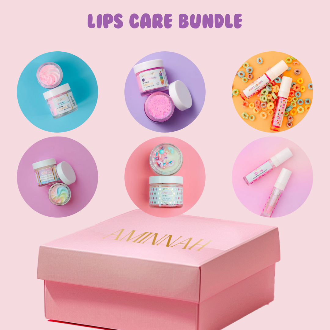 AMINNAH Lips Care Bundle featuring vegan lip balm, lip scrub and nourishing lip treatments made with natural ingredients. Clean beauty, cruelty-free skincare from a female-owned brand for soft, smooth, hydrated lips.