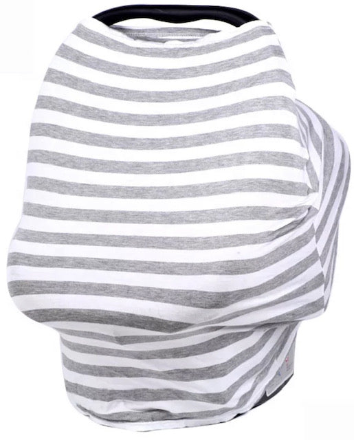 Gray and white striped stretch car seat cover with a top opening handle, designed for infant car seats to provide privacy, sun protection, and breathable coverage.
