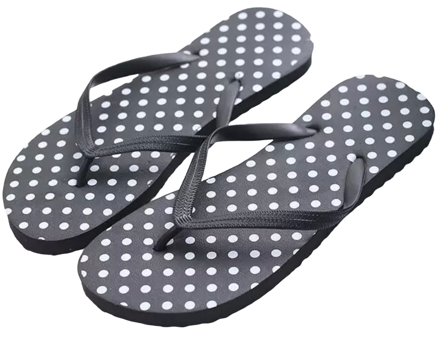 Gray flip-flops with white polka dots, black thong straps, and lightweight foam soles on a white background.