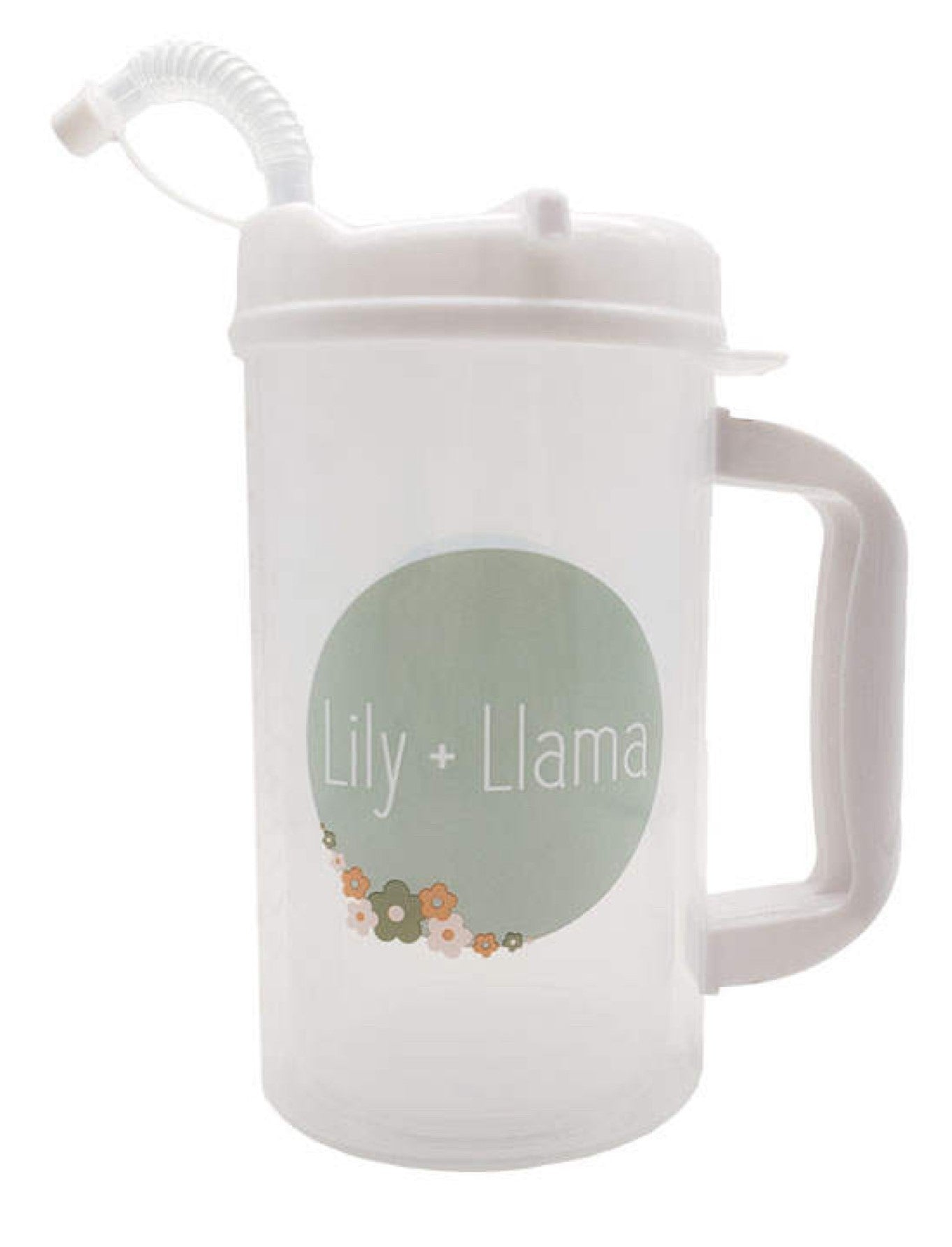 White insulated hospital mug with ergonomic handle, flip-top straw lid, and Lily + Llama logo, designed for hydration during labor, postpartum recovery, and everyday use.