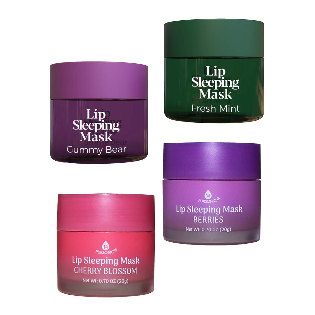 Lip Sleeping Mask Collection Bundle featuring Cherry Blossom, Berries, Gummy Bear, and Fresh Mint overnight lip masks. Nourishing lip care set designed to deeply moisturize, soften, and smooth dry lips while you sleep. Vegan, cruelty-free beauty collection for healthy-looking, hydrated lips.
