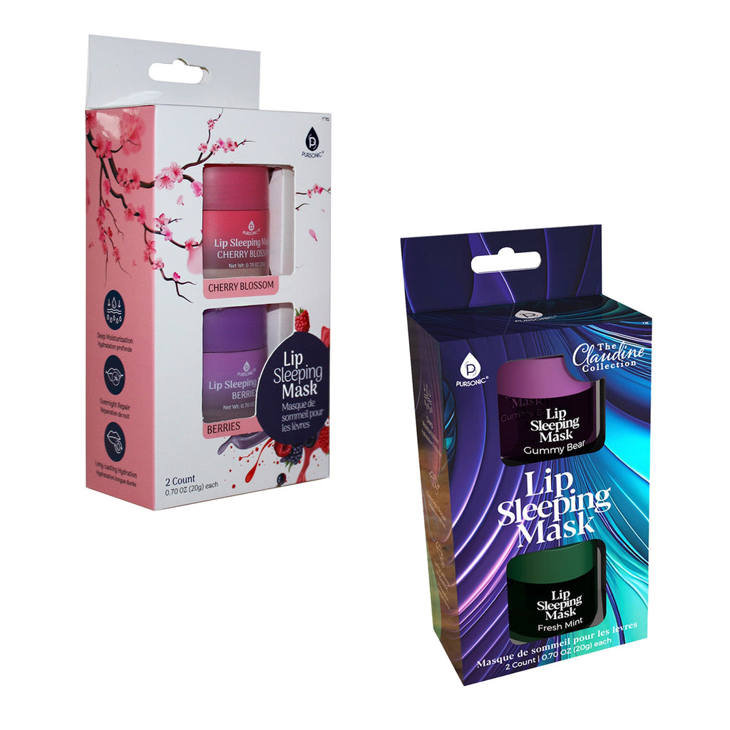 Lip Sleeping Mask Collection Bundle featuring Cherry Blossom, Berries, Gummy Bear, and Fresh Mint lip sleeping masks in gift-ready packaging. Hydrating overnight lip care set with four nourishing flavors.