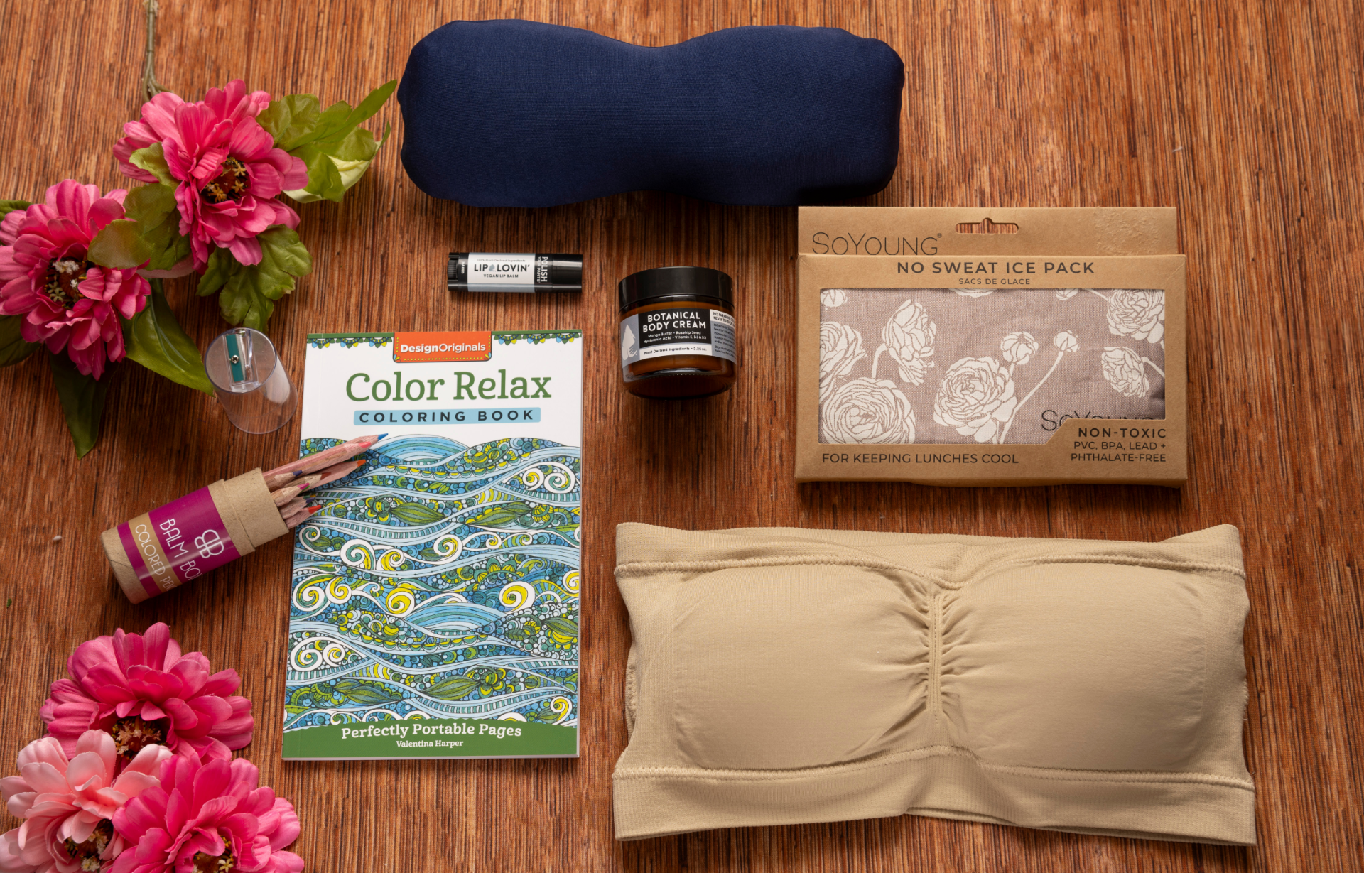 The Ideal Lumpectomy Care Package, breast surgery recovery care package, lumpectomy recovery gift set for women, post-surgery comfort essentials, breast cancer recovery support gift, supportive breast care bandeau, reusable cooling ice pack, soft sleep mask, cozy self-care accessories, soothing body balm, nourishing lip care, relaxing coloring book and colored pencils, wellness recovery gifts, thoughtful healing care package for women, mastectomy and lumpectomy recovery comfort, nurturing self-care gift bas