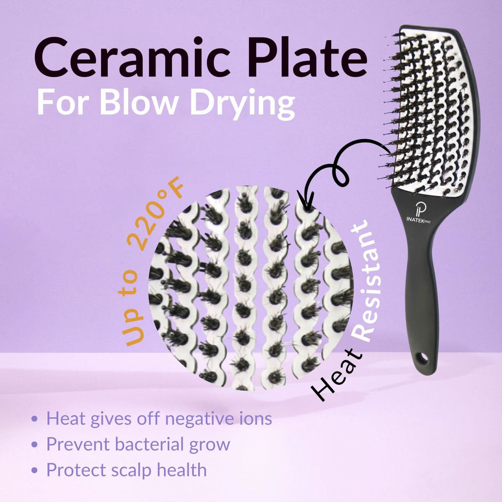 INATEKPRO Curved Vented Boar Bristle Detangler Brush - WHITE | LARGE
