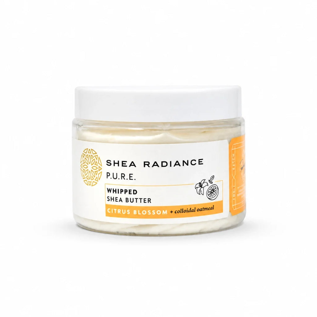 Shea Radiance P.U.R.E. Citrus Blossom Whipped Shea Body Butter with colloidal oatmeal, unrefined shea and cocoa butter for dry, sensitive, eczema-prone skin.