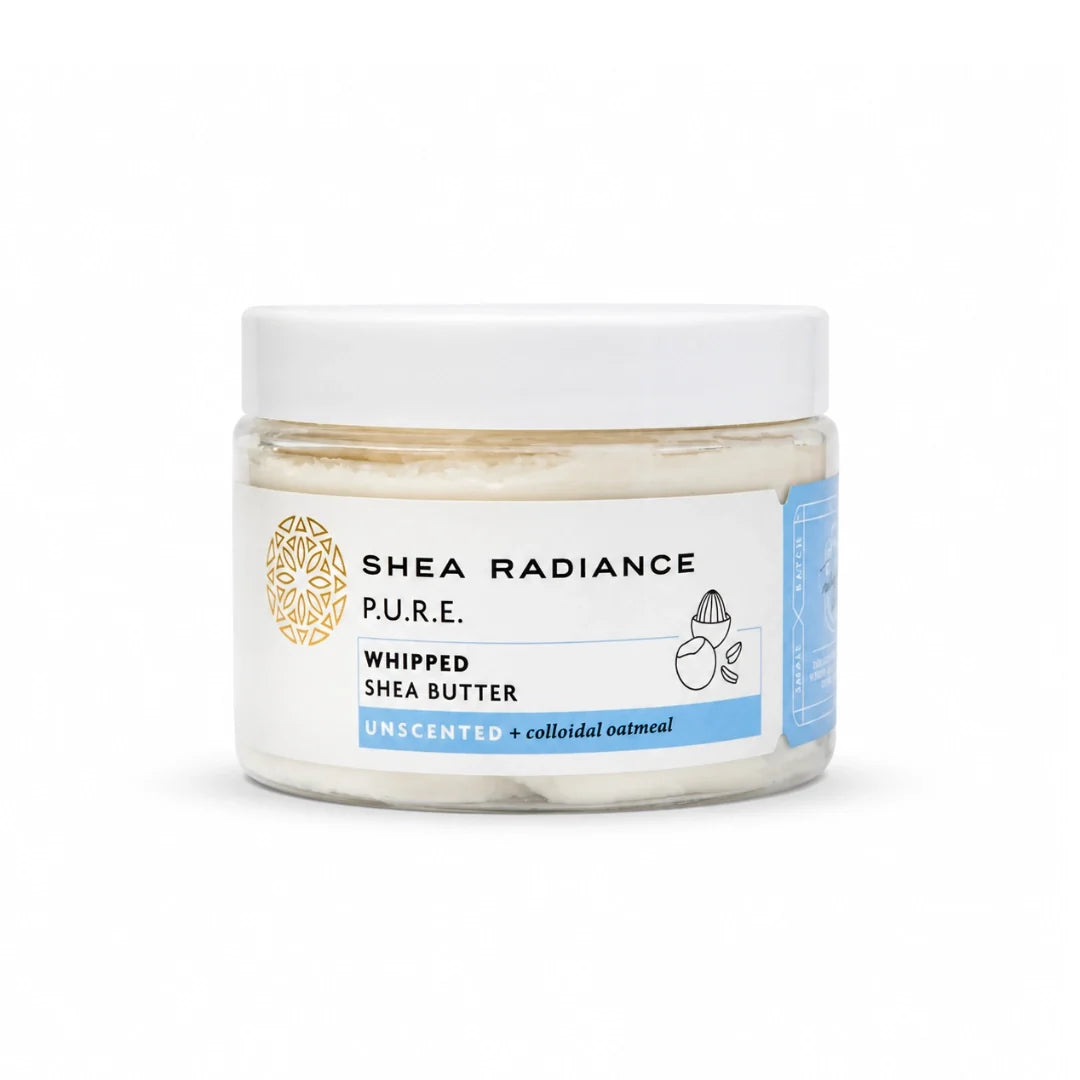 Shea Radiance P.U.R.E. Unscented Whipped Shea Body Butter with colloidal oatmeal for dry, sensitive and eczema-prone skin, 7 oz jar.