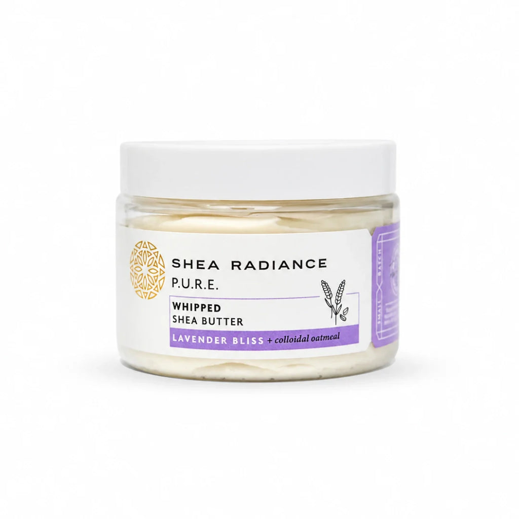 Shea Radiance P.U.R.E. Lavender Bliss Whipped Shea Body Butter with colloidal oatmeal, unrefined shea and cocoa butter for dry, sensitive, eczema-prone skin.