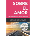 Book cover for 'Sobre el Amor' by Grigori Grabovoi, featuring a bright pink upper section with large white text, a dark gray band with the author's name, and a lower photograph of train tracks under a sunset sky with a circular institute seal. Las Enseñanzas de Grigori Grabovoi: Sobre El Amor - Paperback