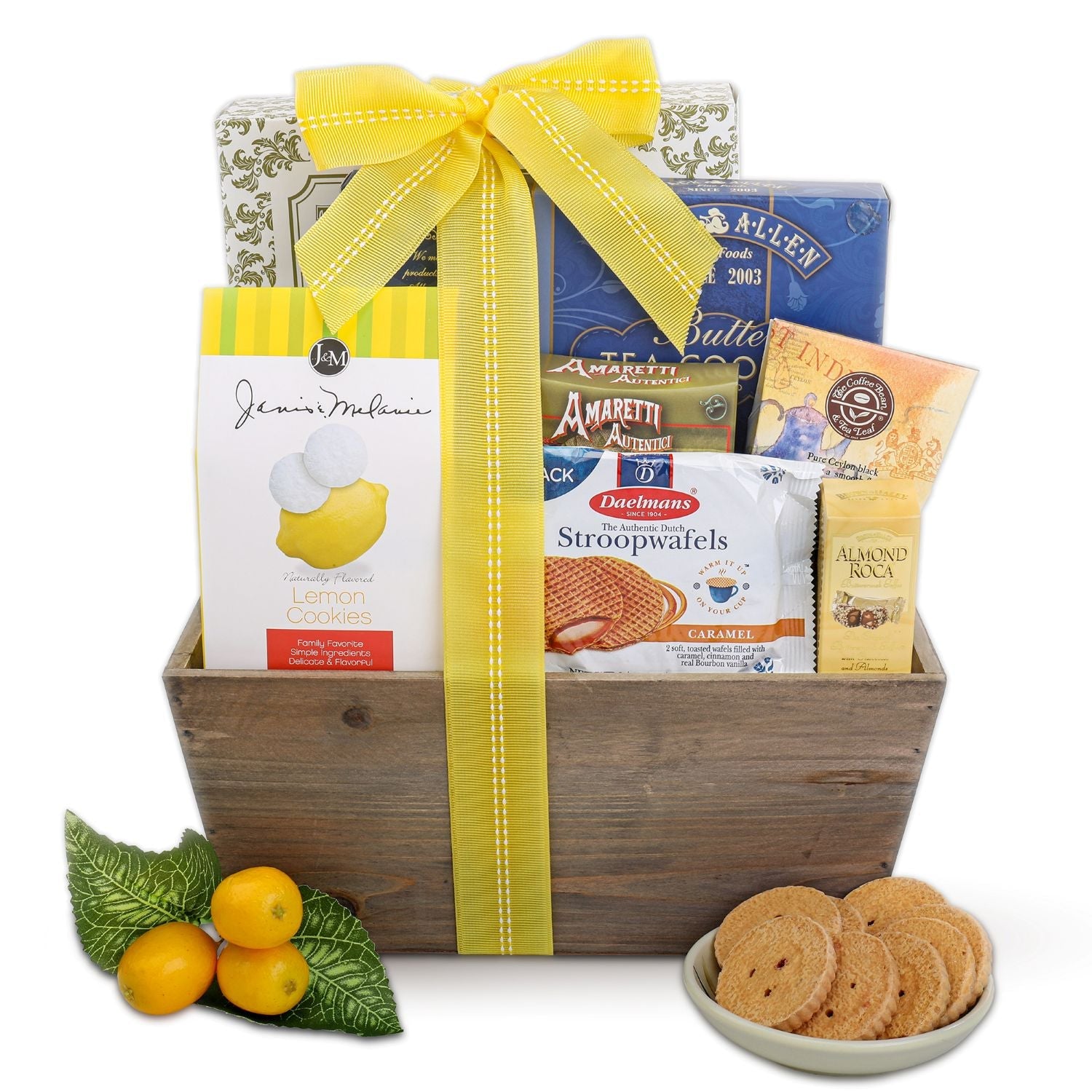 Gift basket with snacks and a yellow ribbon on a white background. Contents: Coffee Bean &amp; Tea Leaf English Breakfast Tea (2pcs.), Brown &amp; Haley Almond Roca Candy (0.8oz.), Stonewall Maple Brown Butter Waffle Cookies (1.1oz.), J&amp;M Lemon Straw Cookies (2.5oz.), Butter Tea Cookies (3.5oz.), Dolcetto Lemon Wafer Cookies (0.9oz.), Wood Tote - please add some of the contents to the title