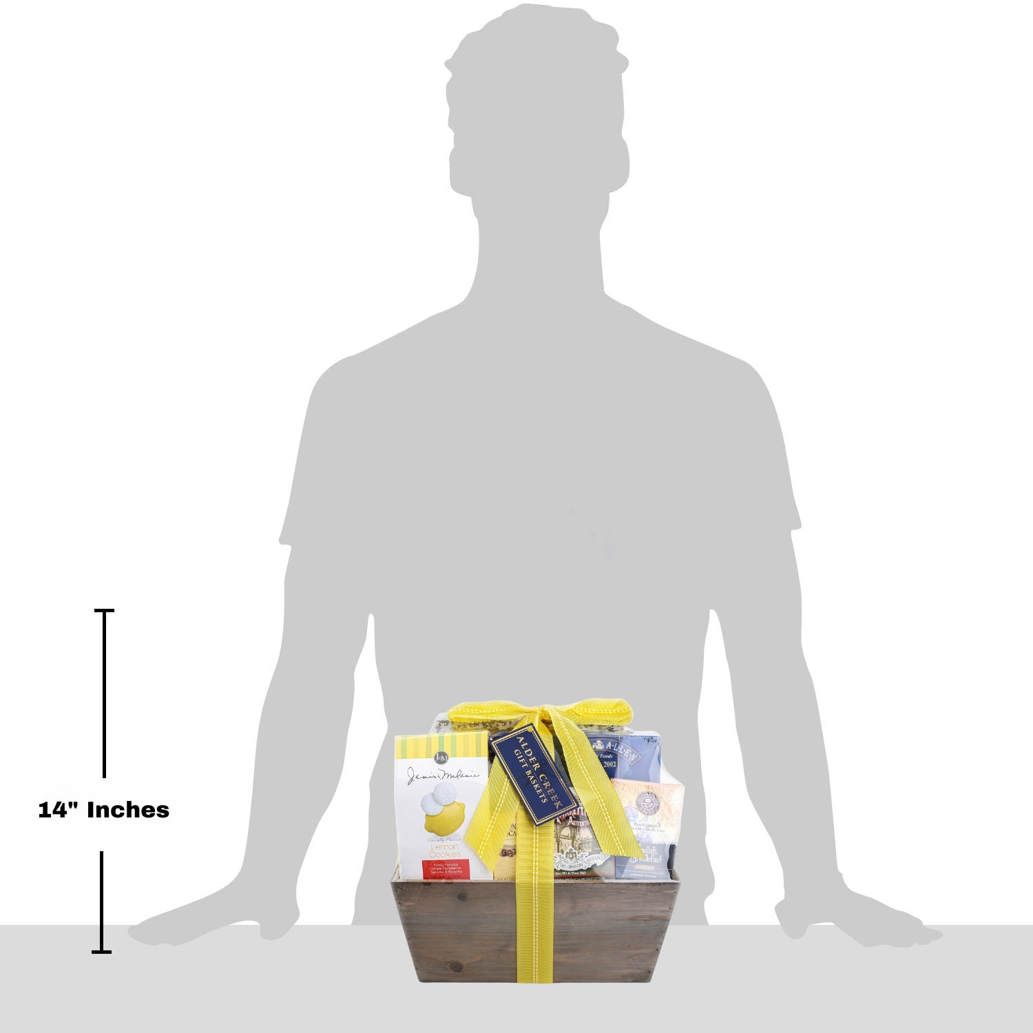 Gift basket with a yellow ribbon shown next to a silhouette of a person for size reference. Contents: Coffee Bean &amp; Tea Leaf English Breakfast Tea (2pcs.), Brown &amp; Haley Almond Roca Candy (0.8oz.), Stonewall Maple Brown Butter Waffle Cookies (1.1oz.), J&amp;M Lemon Straw Cookies (2.5oz.), Butter Tea Cookies (3.5oz.), Dolcetto Lemon Wafer Cookies (0.9oz.), Wood Tote - please add some of the contents to the title
