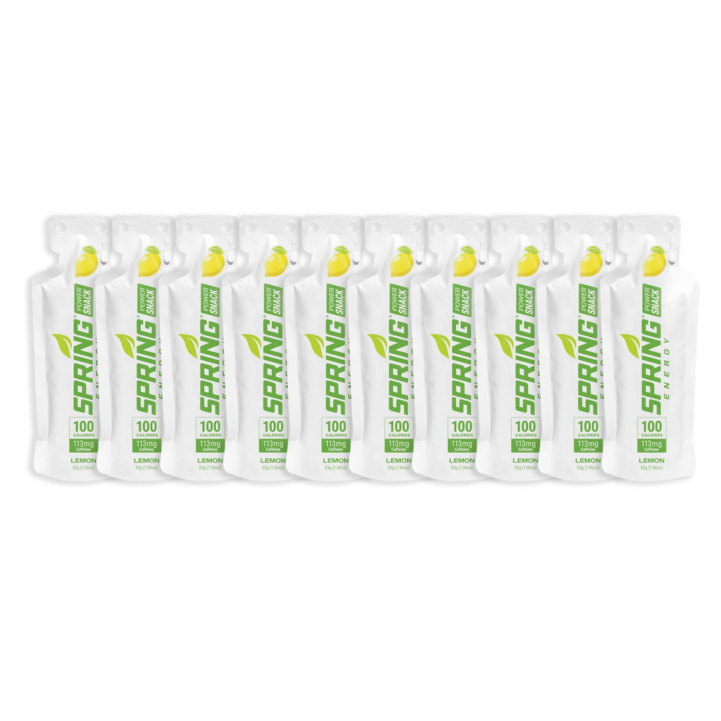 Row of Spring water pouches on a white background