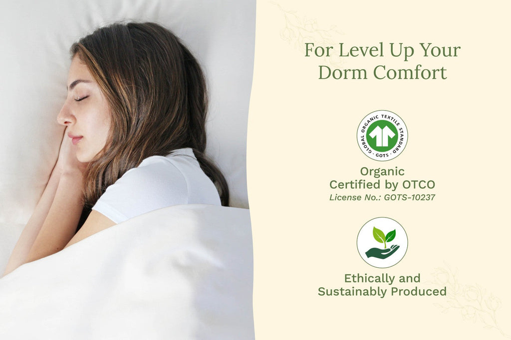 Woman sleeping with a pillow and blanket, featuring OTCO organic certification on a beige background. Organic Sateen Bed Sheets Set