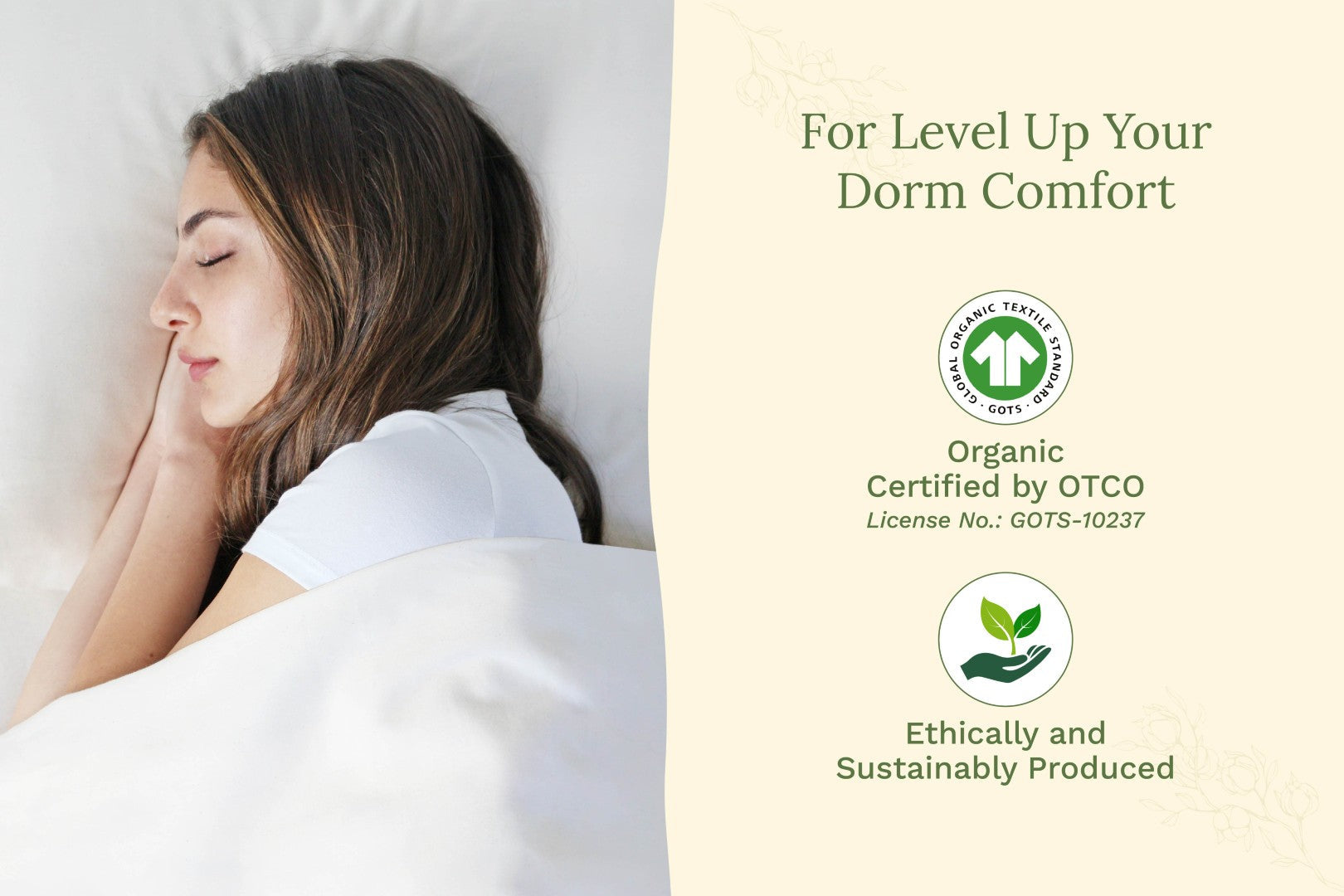 Woman sleeping with a pillow and blanket, featuring OTCO organic certification on a beige background. Organic Sateen Bed Sheets Set