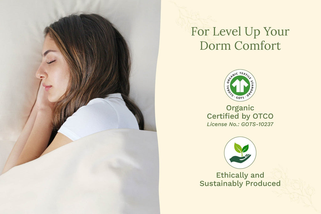 Woman sleeping with a pillow, accompanied by text about organic certification and sustainable production. Organic Sateen Bed Sheets Set