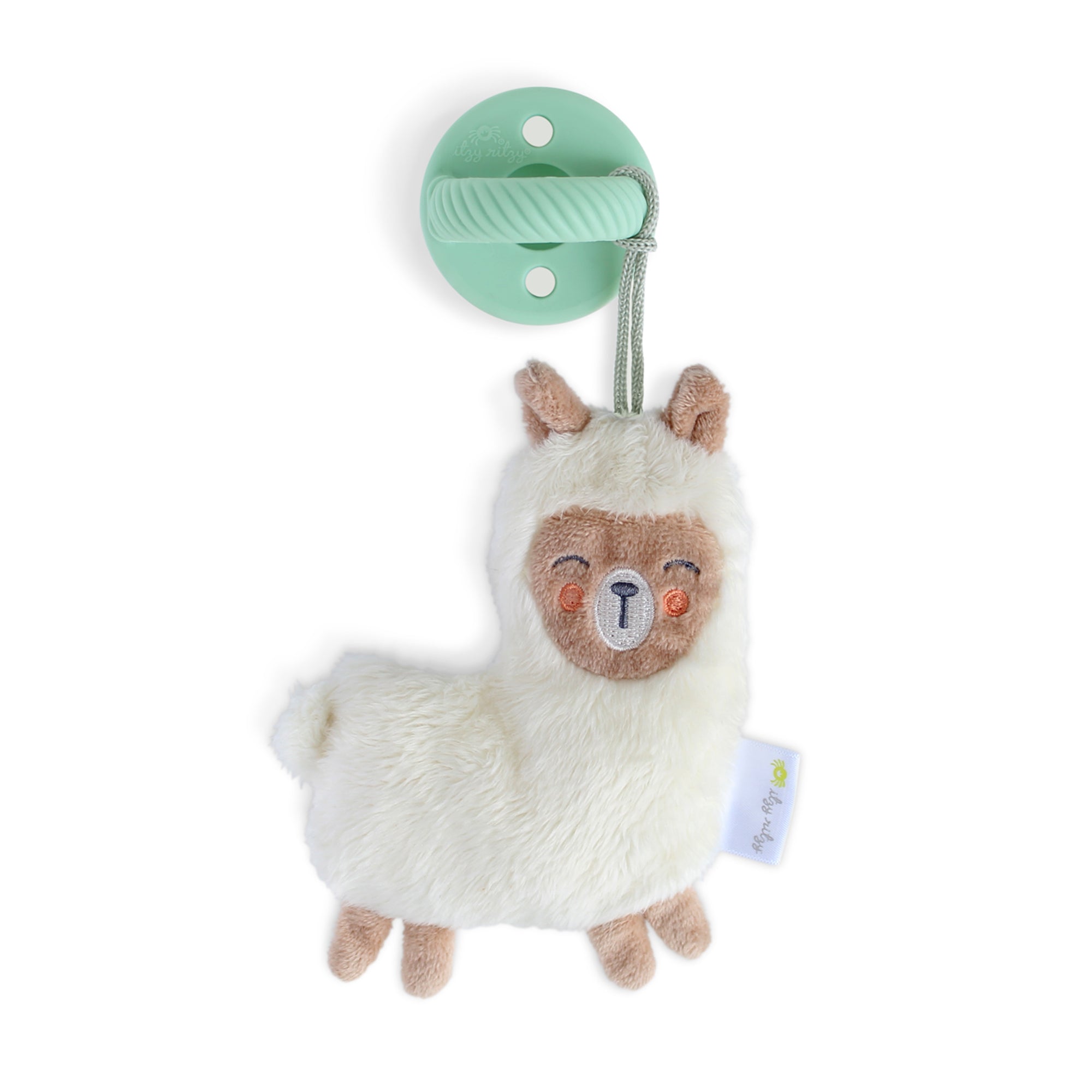 Soft plush llama pacifier holder with an attached silicone pacifier clip in a soft sage green color, displayed on a white background.