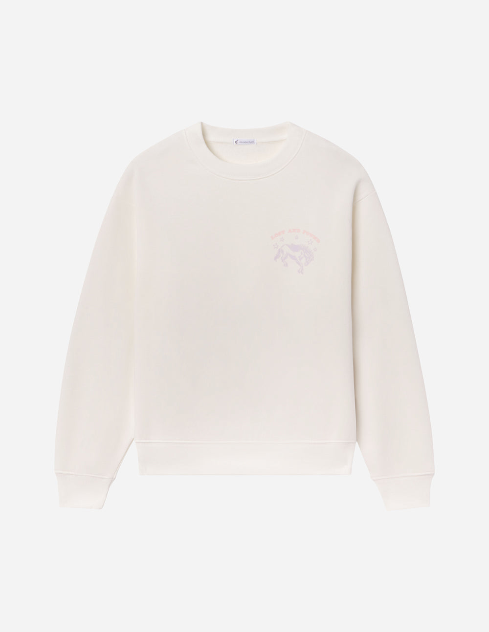 White sweatshirt with a small graphic on a light gray background