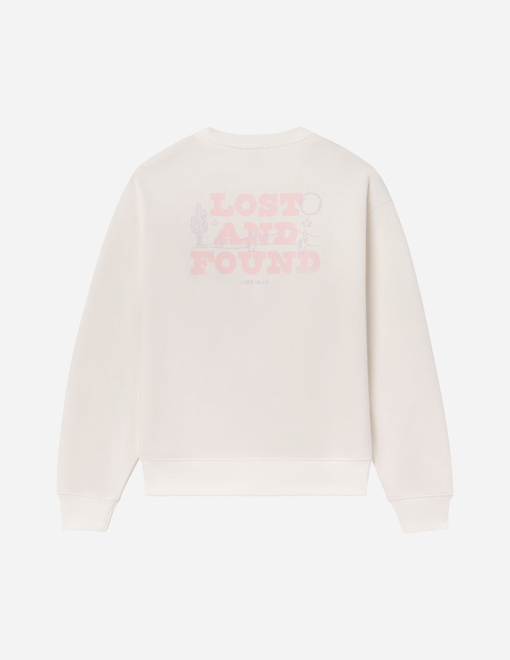 White sweater with 'LOST AND FOUND' text in pink on a light gray background