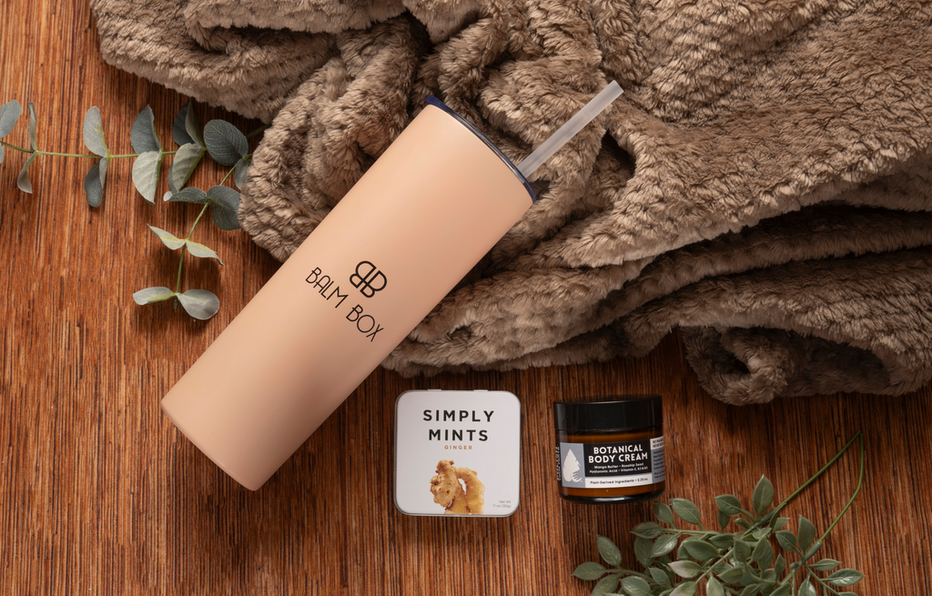 Men's Chemo Care Package with tumbler with straw, ginger mints, botanical body cream, cozy self-care essentials, wellness gifts for men, cancer treatment support gift, thoughtful chemo care package, uplifting cancer gift basket, treatment comfort essentials, supportive wellness gift, patient care package, Tree of Life Grocers, The Balm Box