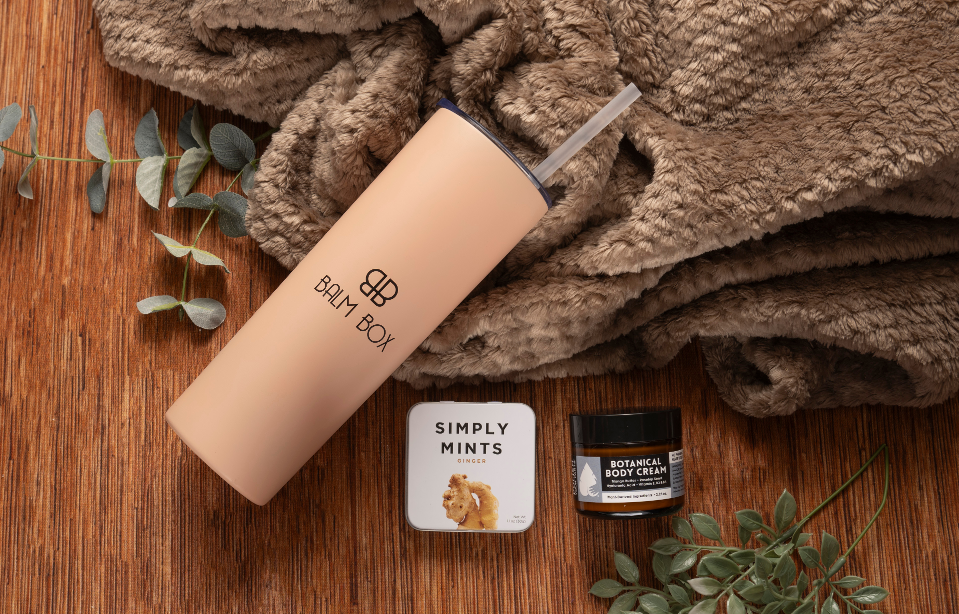 Men's Chemo Care Package with tumbler with straw, ginger mints, botanical body cream, cozy self-care essentials, wellness gifts for men, cancer treatment support gift, thoughtful chemo care package, uplifting cancer gift basket, treatment comfort essentials, supportive wellness gift, patient care package, Tree of Life Grocers, The Balm Box