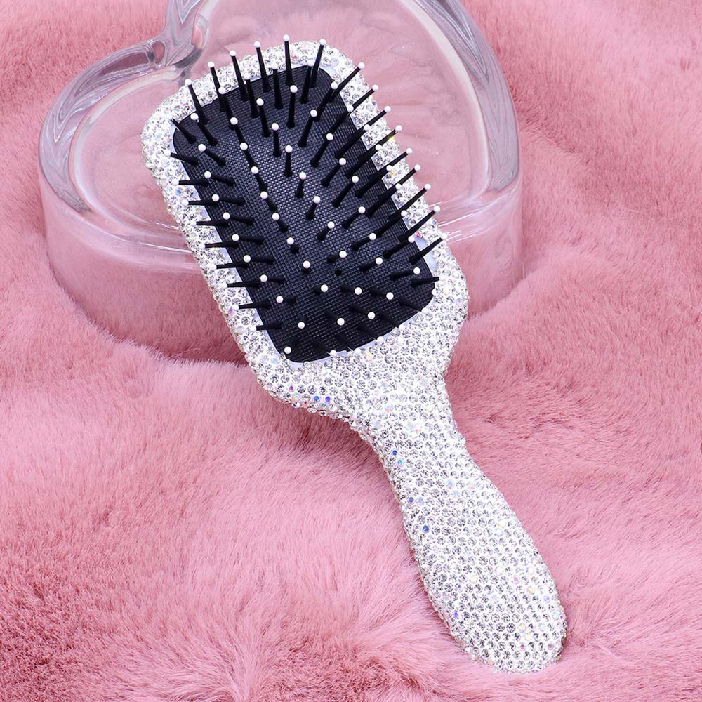 iridescent rhinestone pave paddle hair brush with sparkling crystal handle, black detangling bristles and white tips, luxury styling brush for women and girls