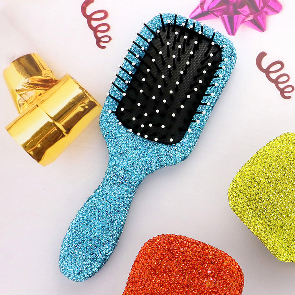 Aqua blue rhinestone pave paddle hair brush with sparkling crystal handle, black bristles and white tips, glamorous detangling styling brush for women and girls