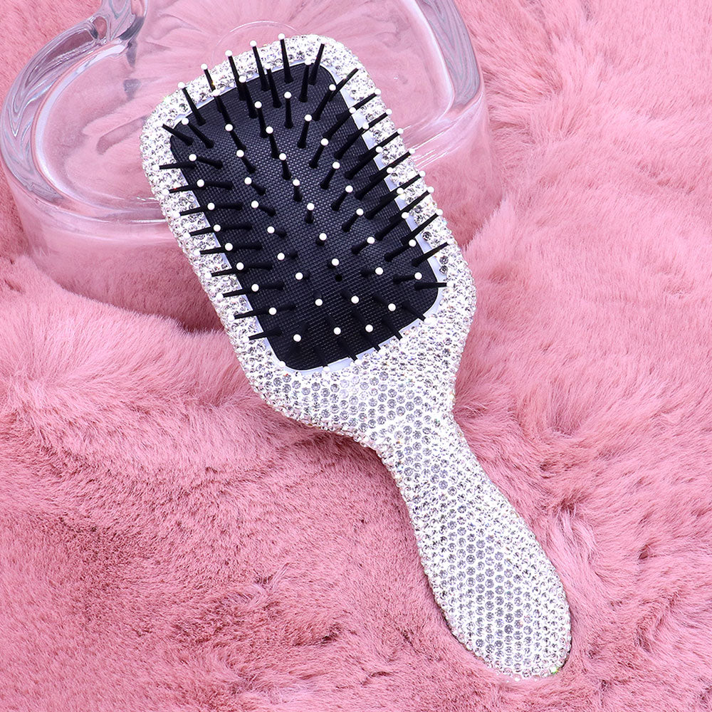Clear crystal rhinestone pave paddle hair brush with sparkling bling handle, black detangling bristles and white ball tips, luxury glamorous styling brush for women and girls, jeweled hair accessory and beauty gift