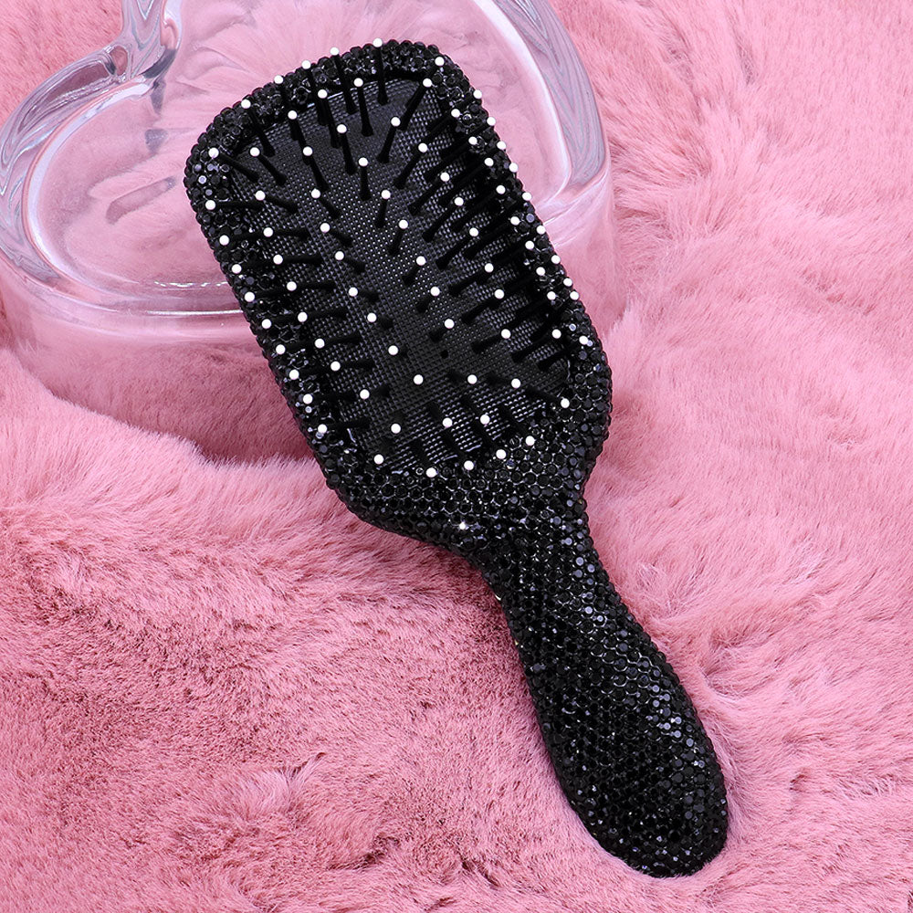 Black rhinestone pave paddle hair brush with sparkling crystal handle, flexible detangling bristles and white ball tips, luxury bling styling brush for women and girls, glamorous hair accessory and gift