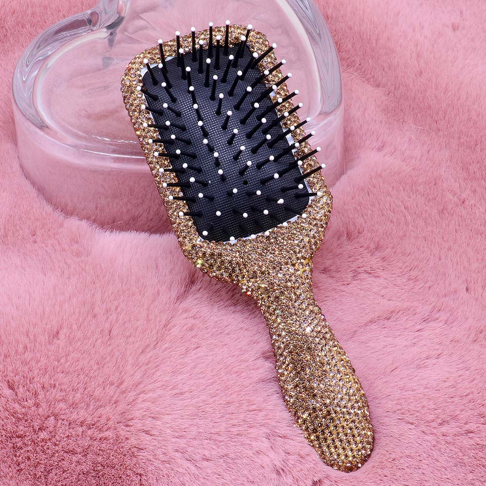 Light Colorado topaz rhinestone pave paddle hair brush with sparkling gold crystal handle, black detangling bristles and white tips, luxury bling styling brush for women and girls, glamorous hair accessory and gift