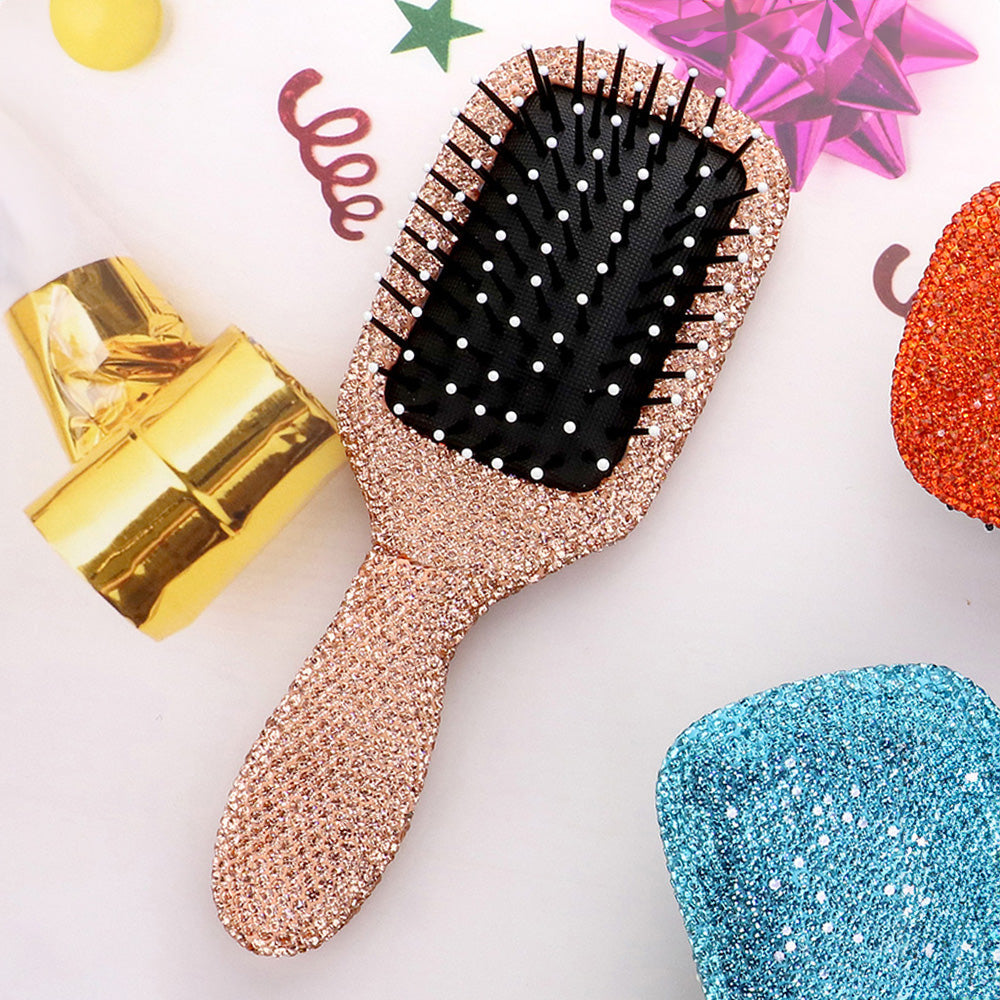 Peach rhinestone pave paddle hair brush with sparkling crystal handle, black detangling bristles and white tips, luxury bling styling brush for women and girls, glamorous hair accessory and gift