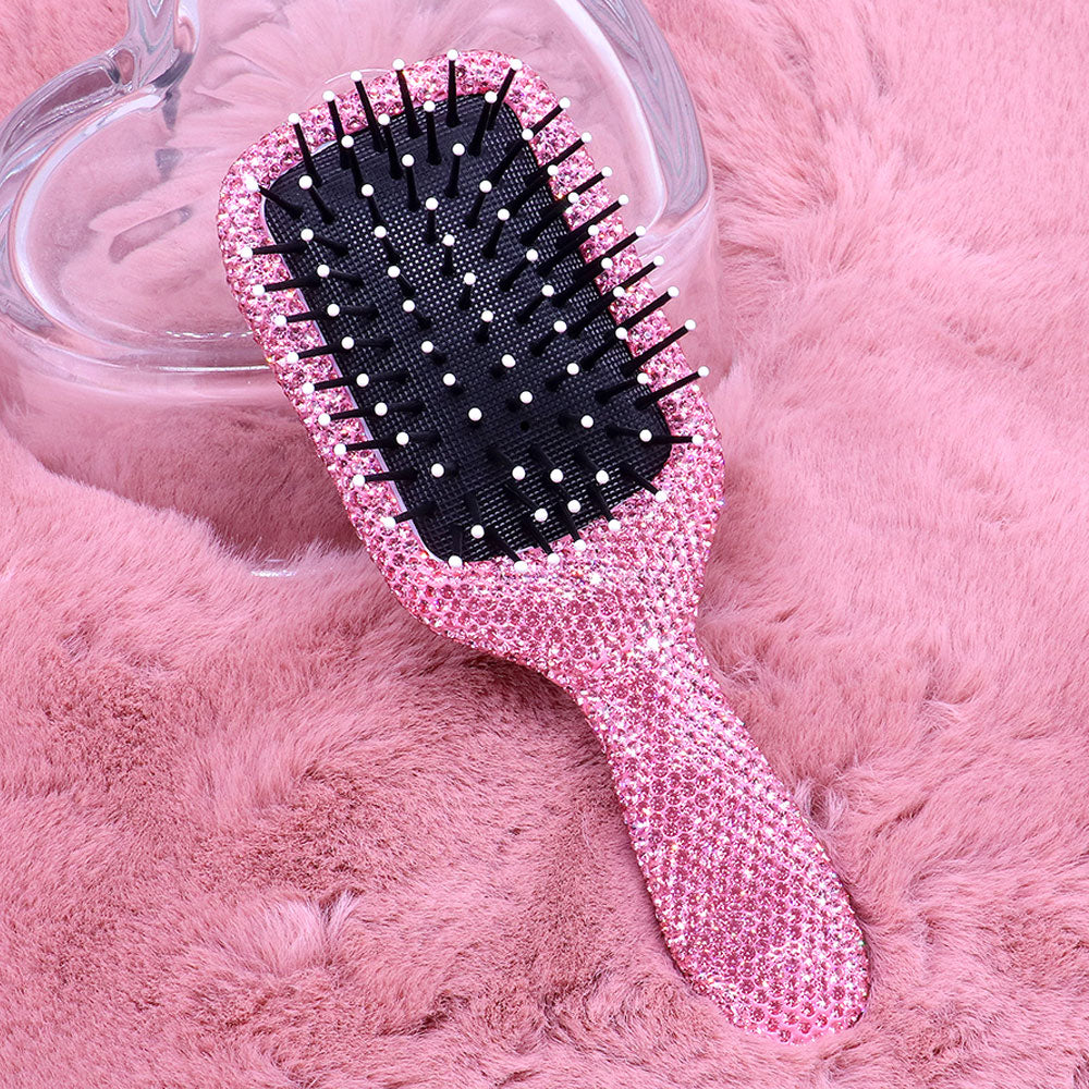 Pink rhinestone pave paddle hair brush with sparkling crystal handle, black detangling bristles and white tips, glamorous styling brush for women and girls