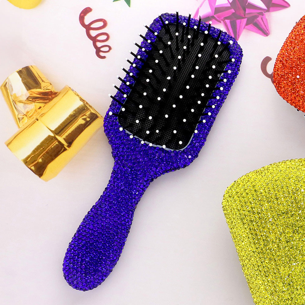 Sapphire blue rhinestone pave paddle hair brush with sparkling crystal handle, black detangling bristles and white tips, luxury bling styling brush for women and girls, glamorous hair accessory and gift