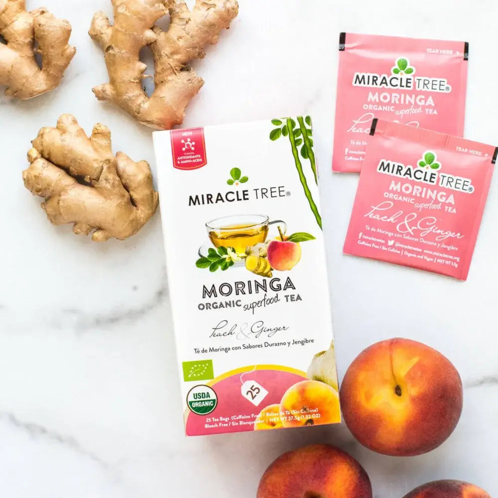 Organic Moringa Tea - Peach & Ginger - Caffeine-Free Herbal Tea