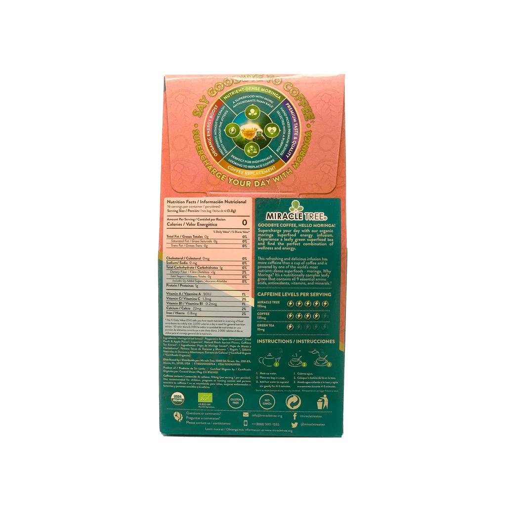 Organic Moringa Energy Tea - Peach Mint Apricot - Natural Coffee Alternative