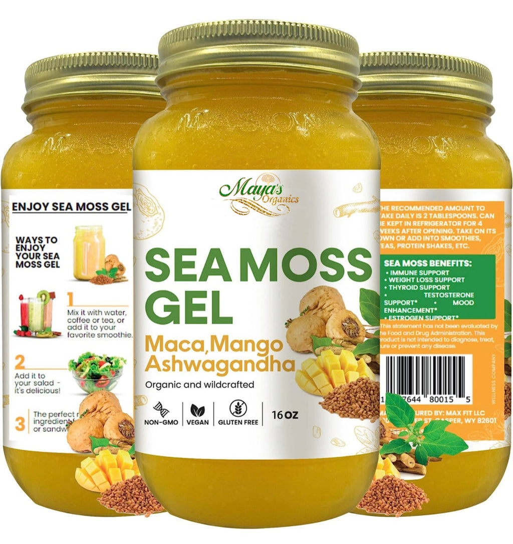 Three jars of Maca Mango Ashwagandha Sea Moss Gel with labels on a white background. Maca, Mango & Ashwagandha Sea Moss Gel – 16oz | Organic Wildcrafted Irish Seaweed Superfood