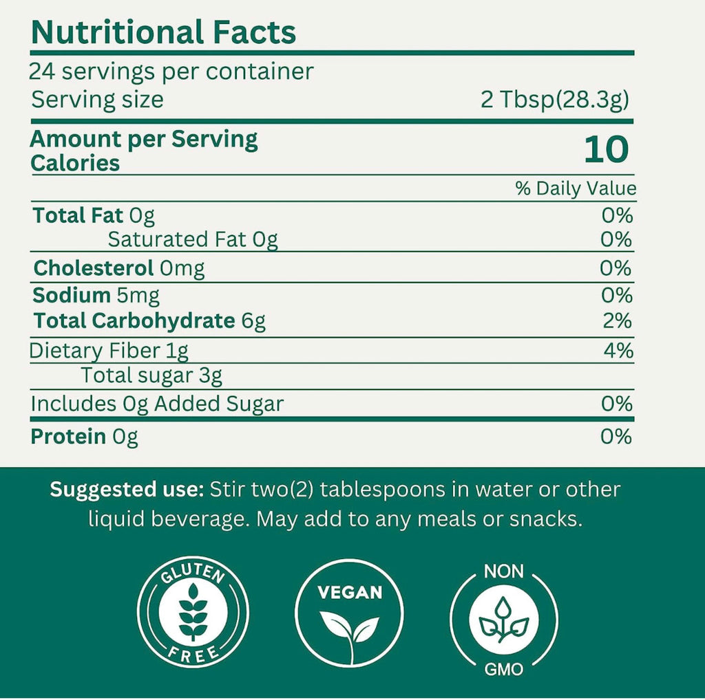 Nutritional facts label for a product with green background and white text. Maca, Mango & Ashwagandha Sea Moss Gel – 16oz | Organic Wildcrafted Irish Seaweed Superfood.