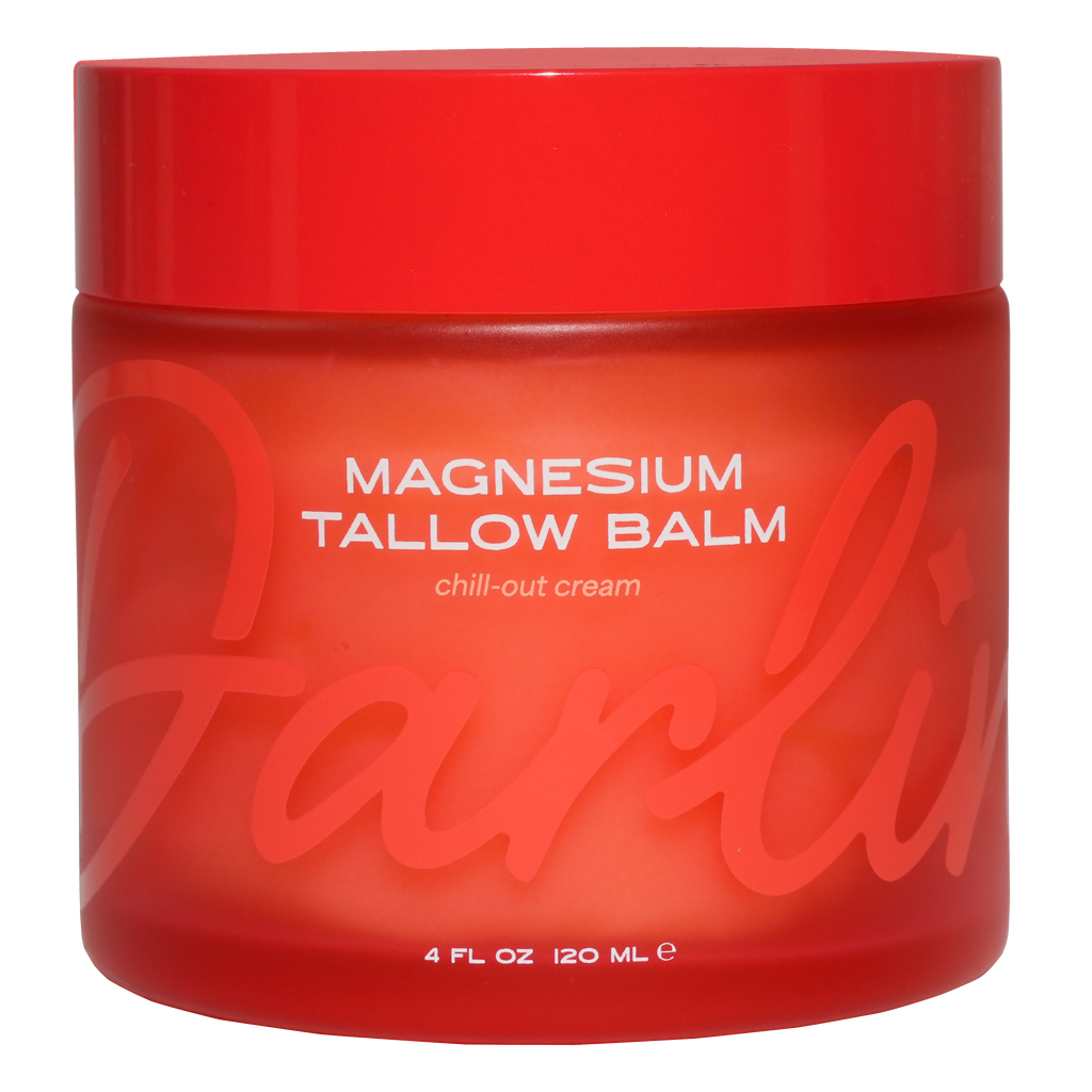Magnesium Tallow Balm 4 oz chill-out cream in red jar with grass-fed beef tallow and magnesium, deeply moisturizing body balm for dry skin, muscle relaxation, nighttime skincare, natural skin nourishment, transparent background