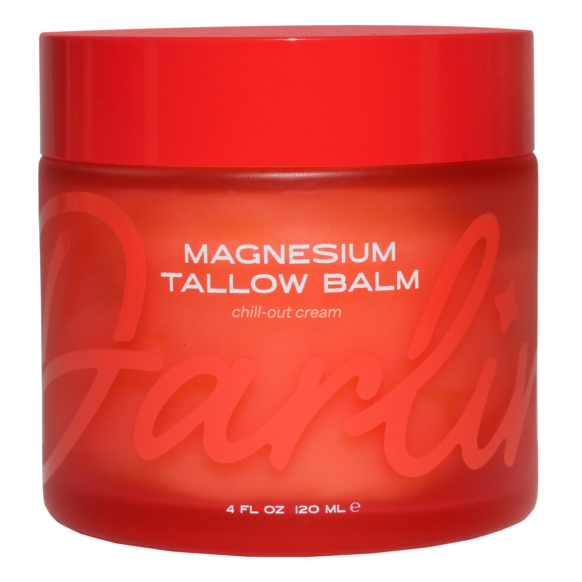 Magnesium Tallow Balm 4 oz chill-out cream in red jar with grass-fed beef tallow and magnesium, deeply moisturizing body balm for dry skin, muscle relaxation, nighttime skincare, natural skin nourishment, transparent background