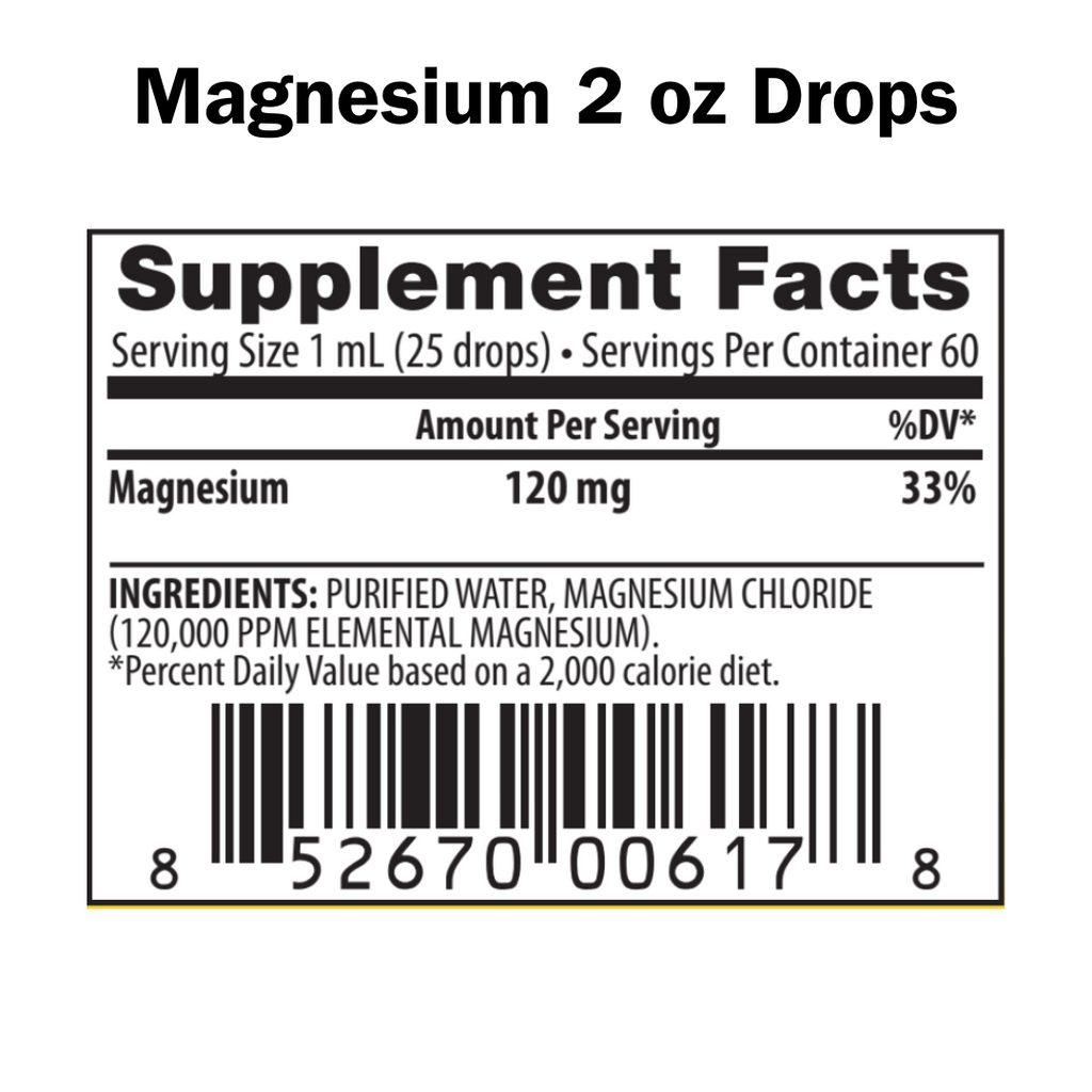 Supplement label for Magnesium 2 oz Drops with ingredient list and barcode.