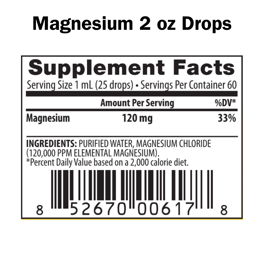 Supplement label for Magnesium 2 oz Drops with ingredient list and barcode.