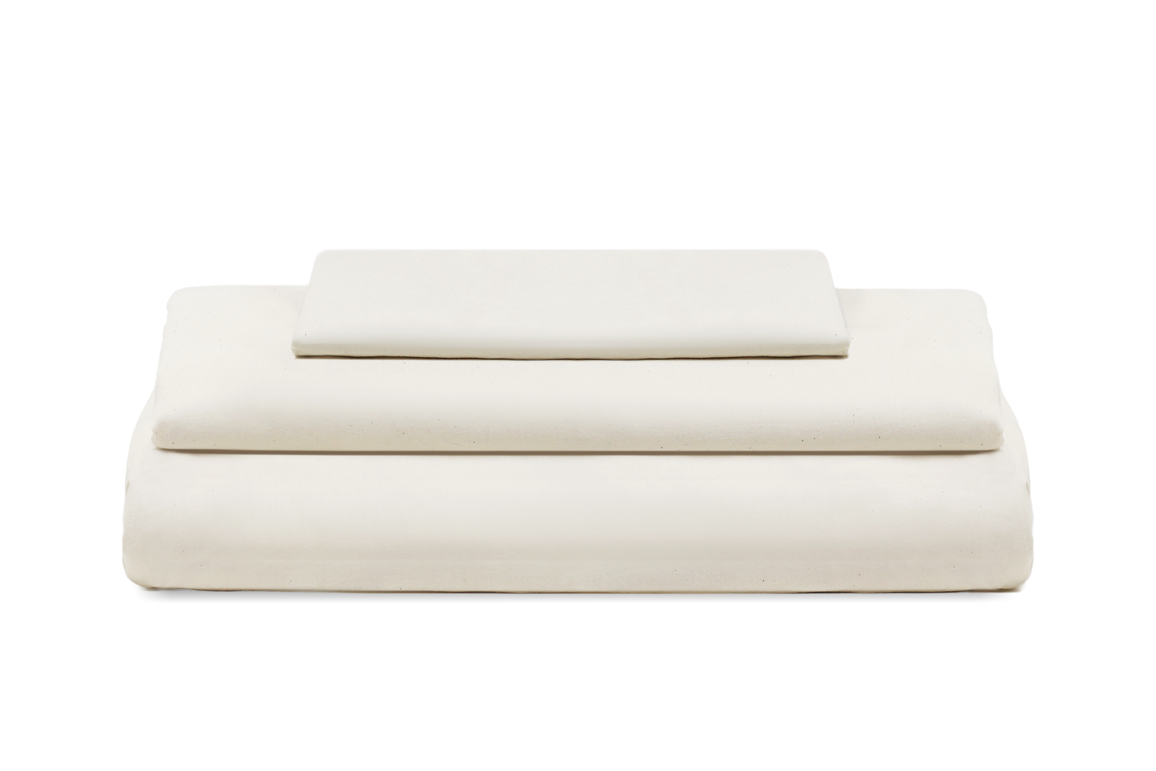 A stack of three folded sheets or bedding pieces in a solid off-white color, arranged neatly on a pure white background. Organic Sateen Bed Sheets Set